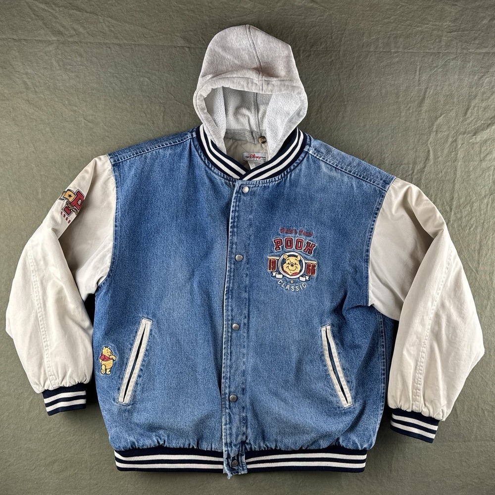 Vintage 90s Disney Winnie the Pooh Denim Varsity Jacket Hooded Pooh 1966 Large